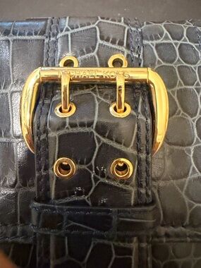 Michael Kors Black Croc-Embossed Leather Shoulder Bag with Gold Buckle